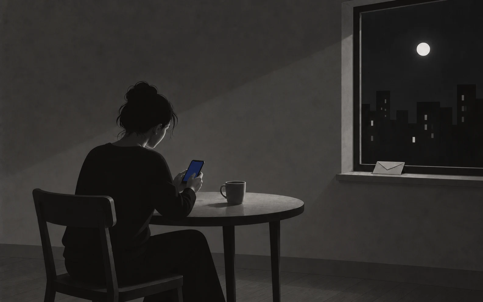 A woman holds a blue-screened phone in both hands at a table at night, while an unopened letter rests on the windowsill.