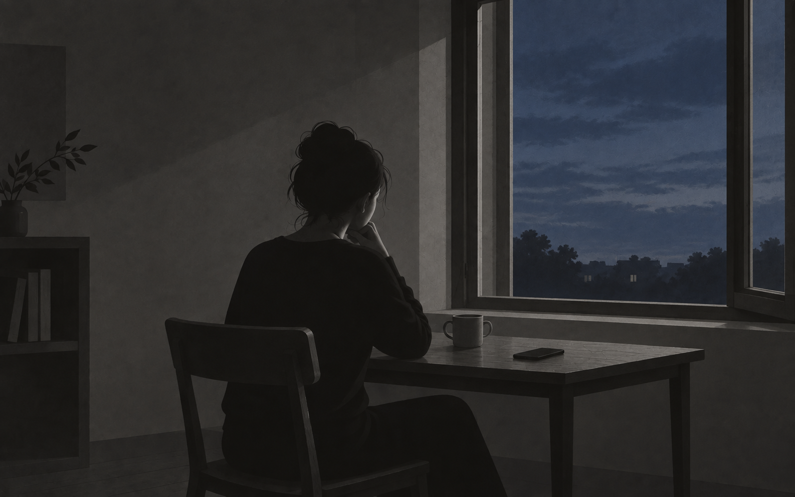 A person sits at a kitchen table beside an open window at dusk, with a phone lying face down and an empty chair nearby.