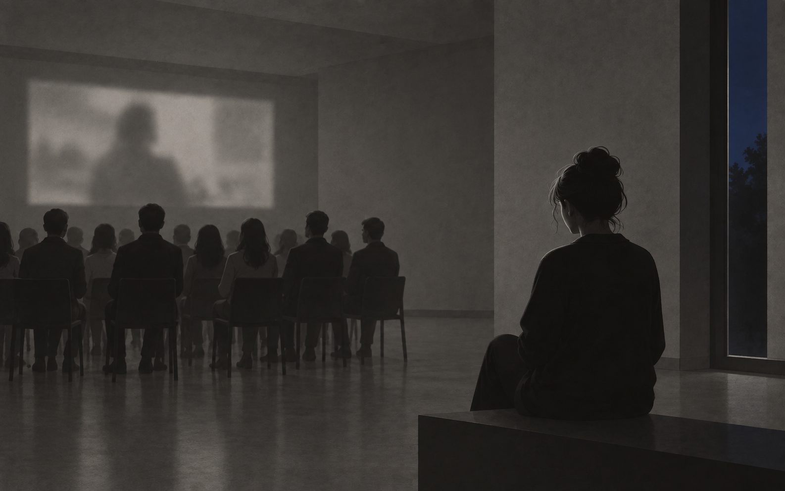 A solitary person sits apart from a group facing a blurred screen in a dim room, beside a narrow blue doorway.