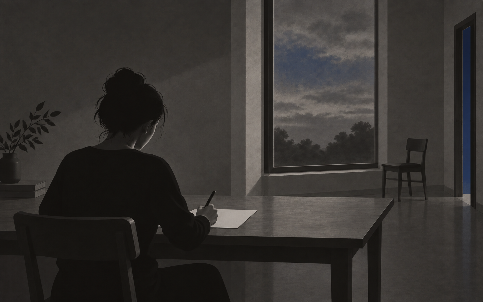 A person writes a letter at a wooden desk beside a window, with an empty chair and second desk in the background.