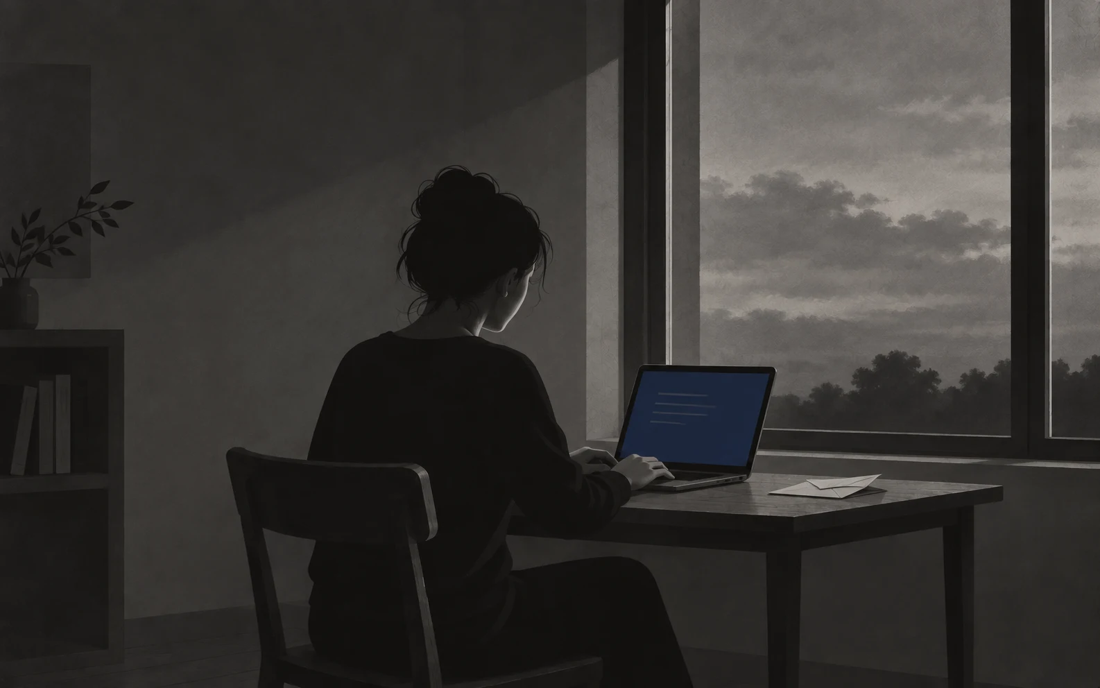 A person pauses from writing to look out of a window, with a draft open on the laptop in front of them.